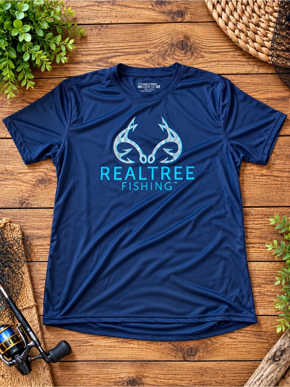 Realtree Fishing Short Sleeve Performance Tee in Navy with Teal Logo 743
